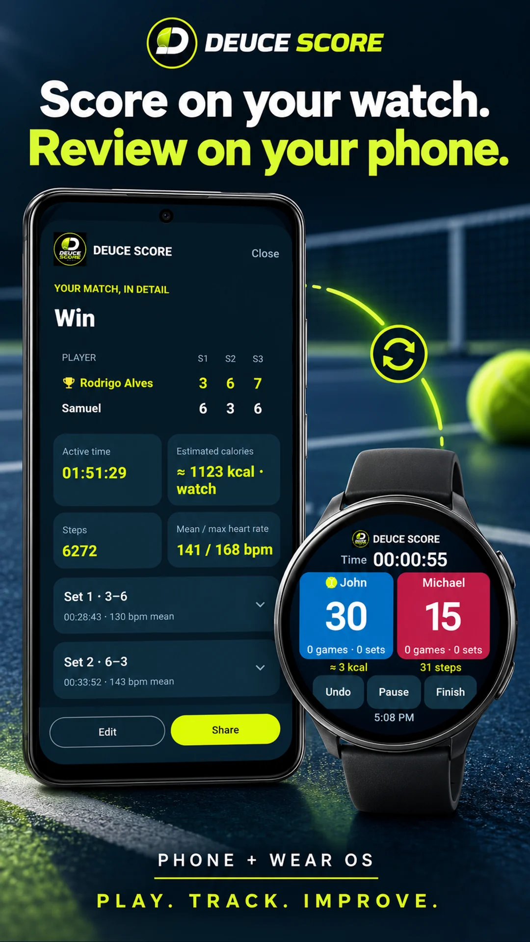 Deuce Score no celular e no relógio Wear OS, com placar e relatório da partida.