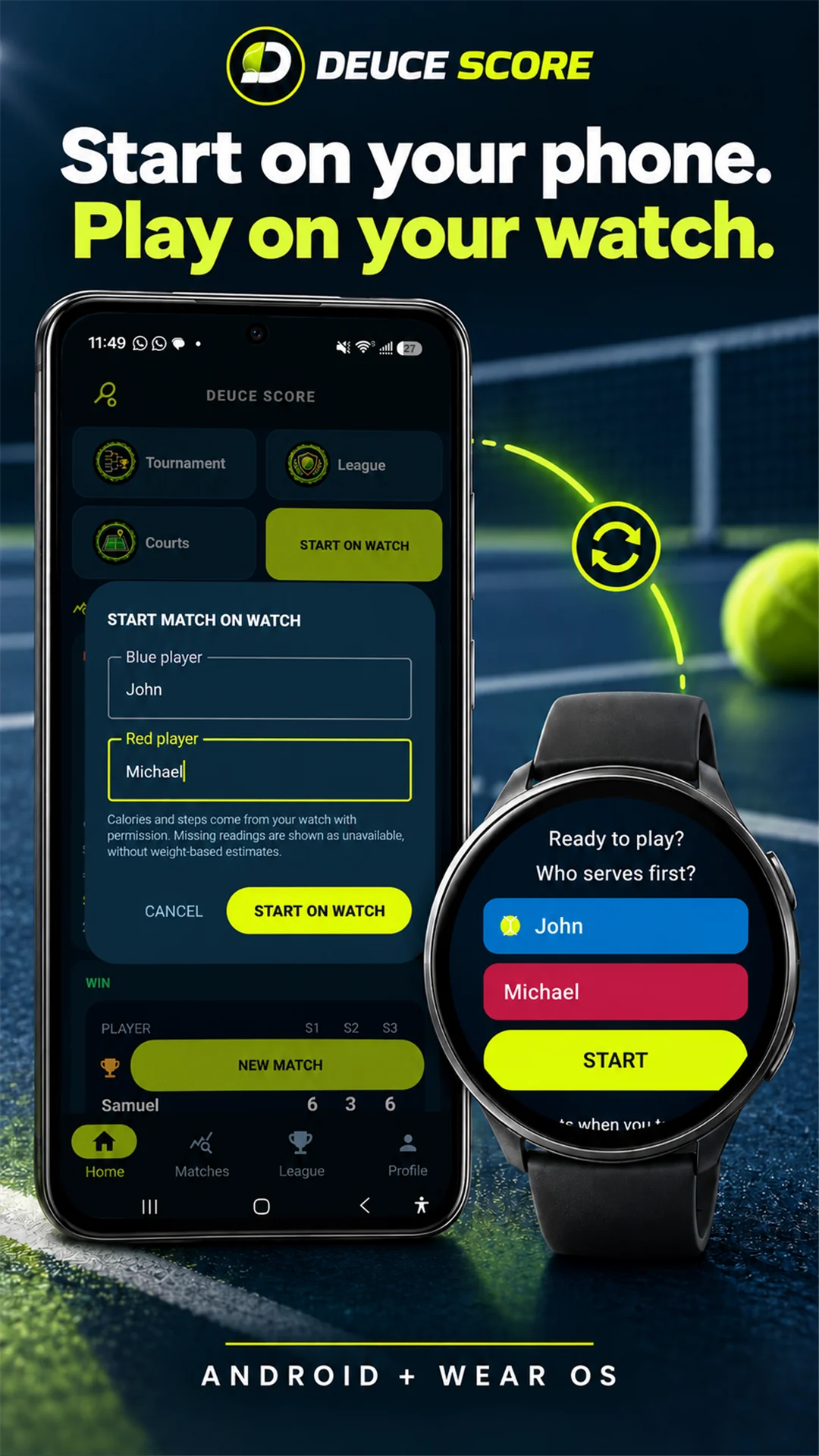 Celular preparando uma partida para começar no relógio Wear OS.